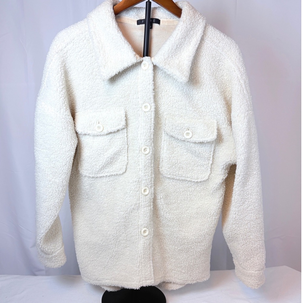 Fore Ivory Fleece Shacket Button Front Borg Teddy Jacket Women Small Cozy Prep